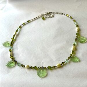 Glass Leaf & Pearl Fairycore Necklace – Freshwater Pearls & Crystal Details 🌿